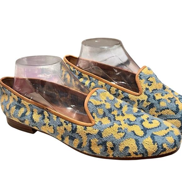 Stubbs & Wootton yellow Needlepoint Slippers embroidered flats loafer Womens 11 - Picture 2 of 11